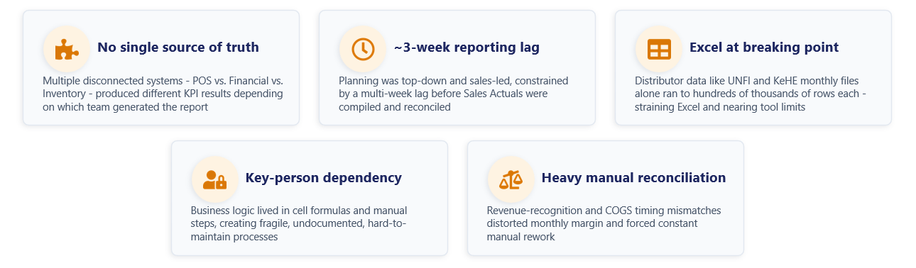 Five pain points of the existing state: no single source of truth, a ~3-week reporting lag, Excel at breaking point with hundreds-of-thousands-of-row distributo