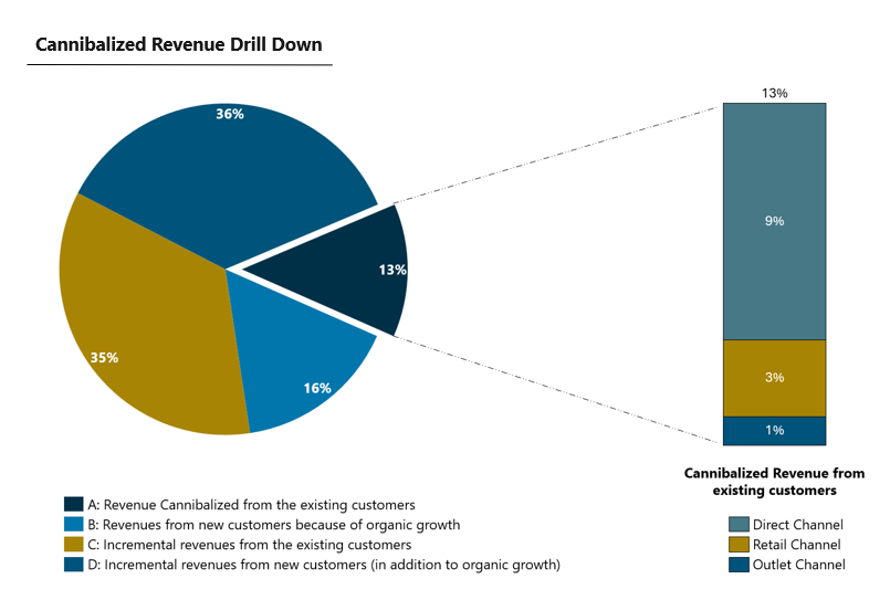 Cannibalized revenue drill-down: of the 13% cannibalized from existing customers (Segment A), 9% came from the direct channel, 3% from retail, and 1% from outle
